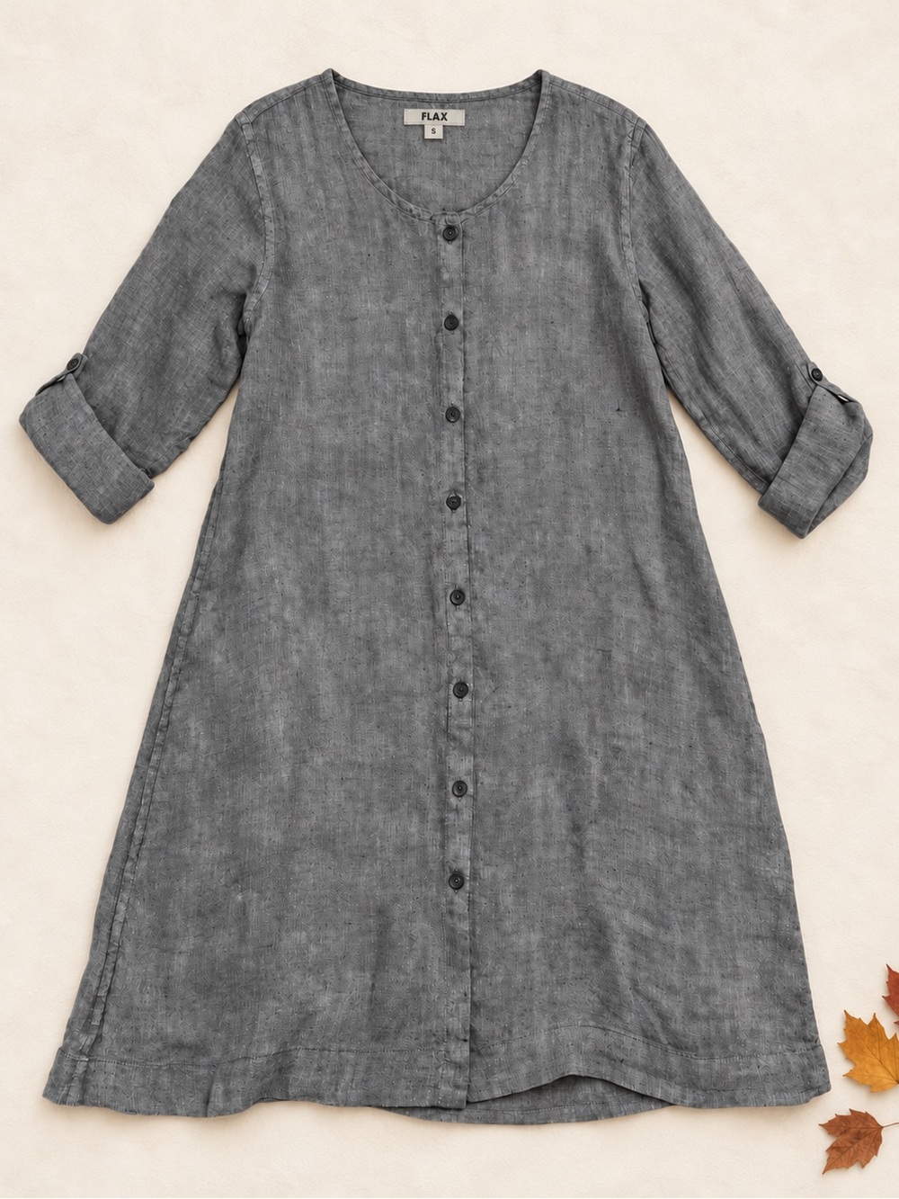 Flax 100% Linen Button-Front Tunic Dress in Charcoal Gray